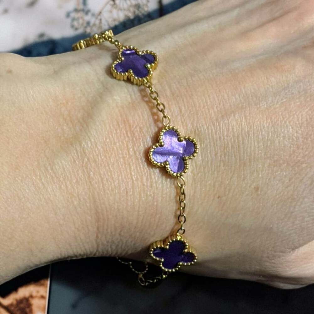 18K Gold Over Stainless Steel Purple Clover Bracelet 6-8 Inch